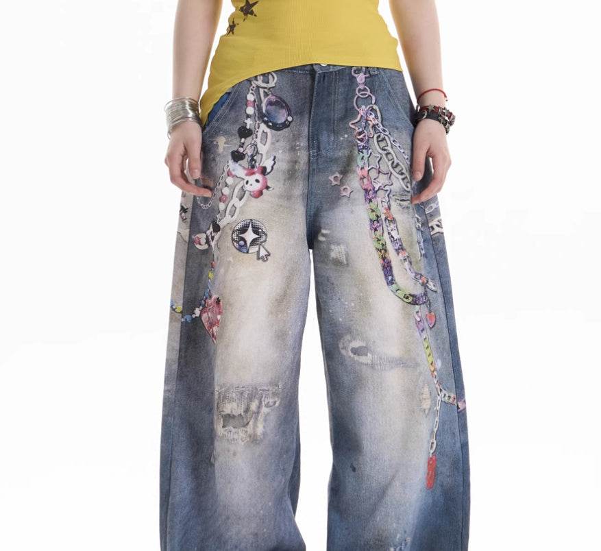 American Retro Cartoon Chain Printed Jeans For Women MuddyStock