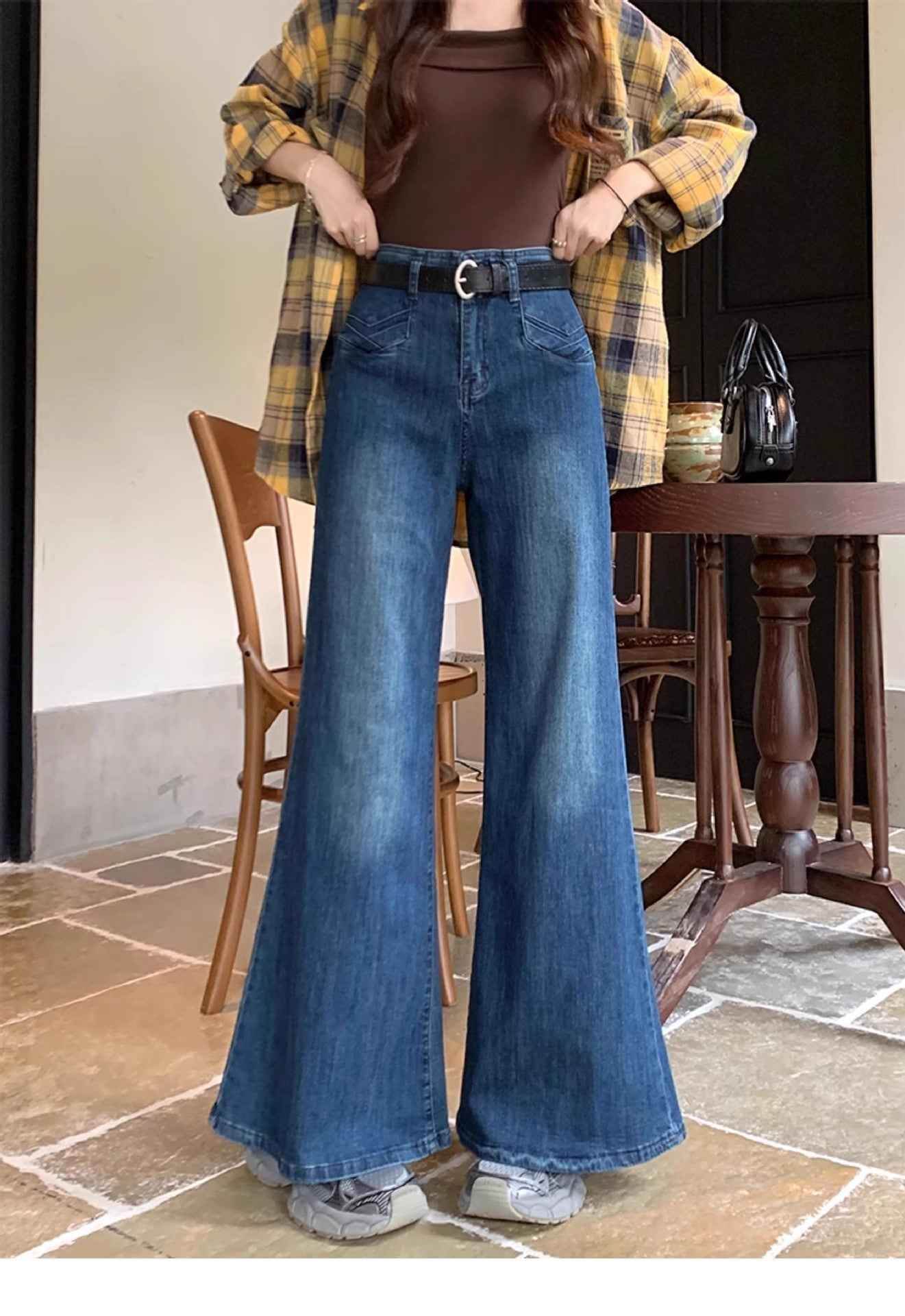 Women's Autumn New High Waist Slimming And Straight Wide Leg Mop Pants Blue MuddyStock