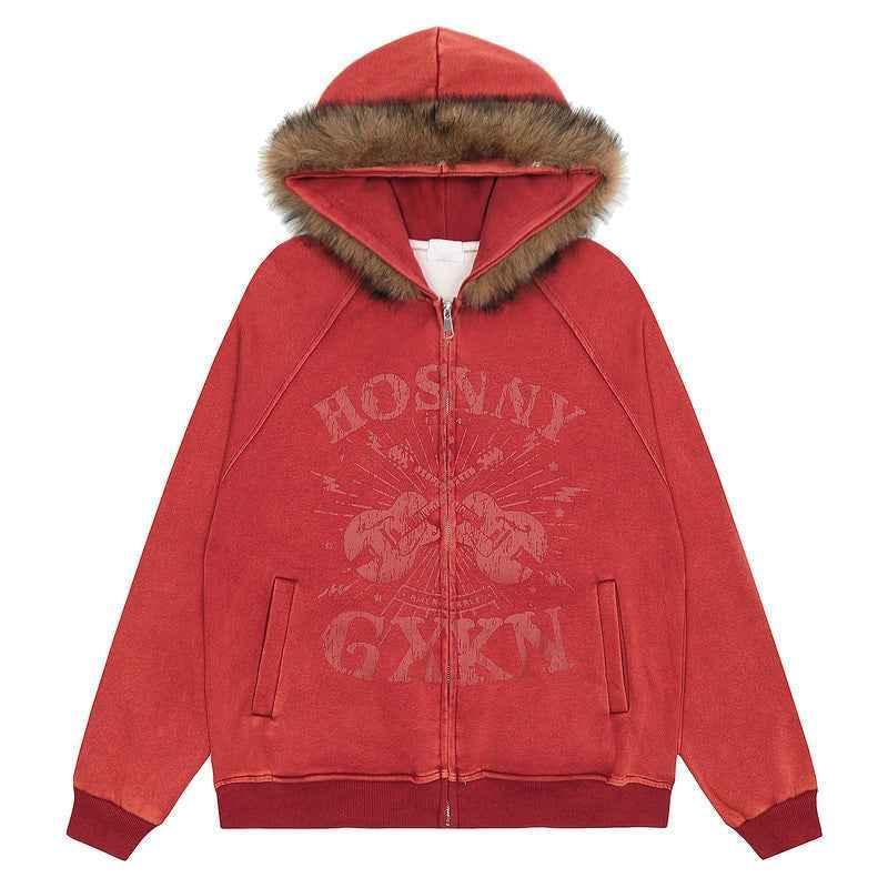 Fur Collar Hood Sweater For Men And Women Red MuddyStock
