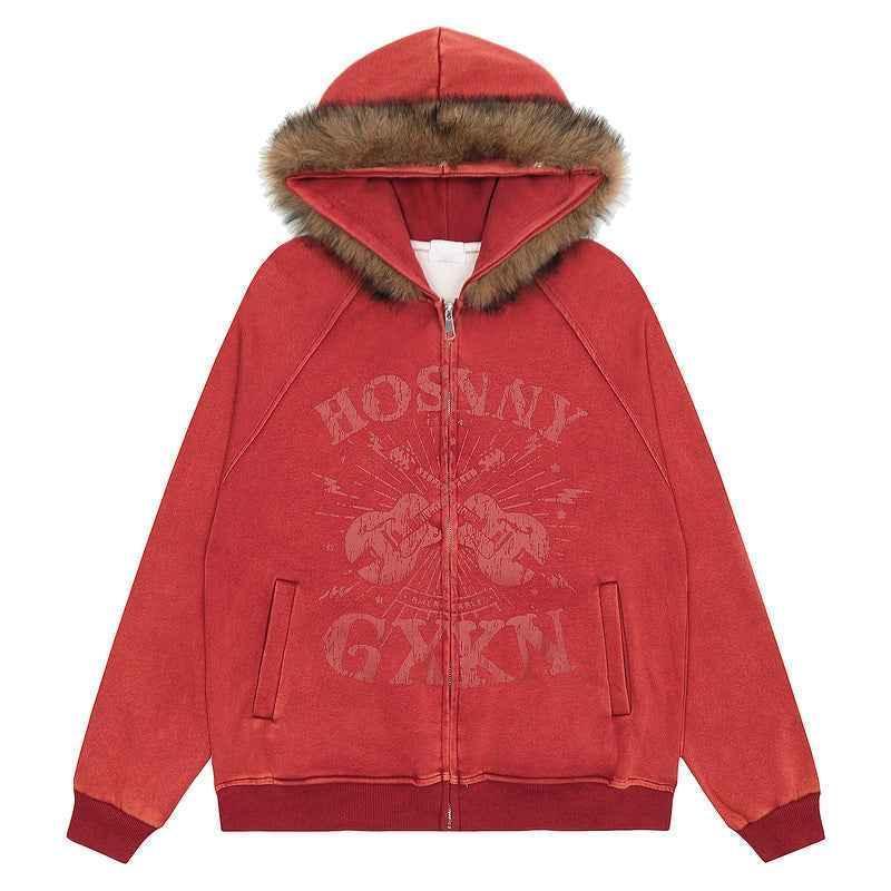 Fur Collar Hood Sweater For Men And Women Red