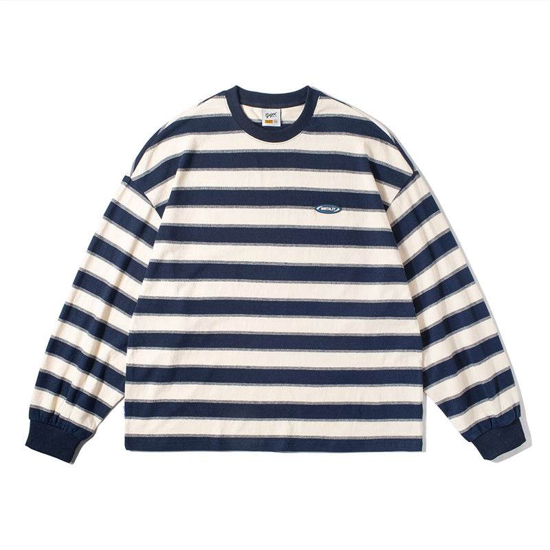 Japanese-style Retro Striped Long Sleeve T-shirt Loose Khaki Couple's Shirts Navy Blue Stripes MuddyStock