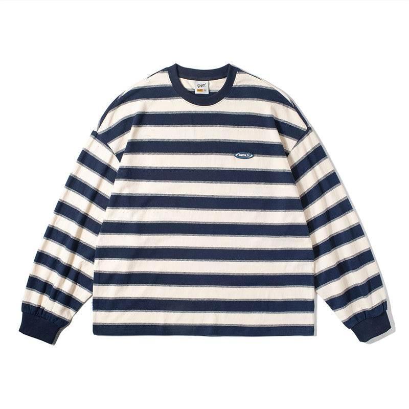 Japanese-style Retro Striped Long Sleeve T-shirt Loose Khaki Couple's Shirts Navy Blue Stripes
