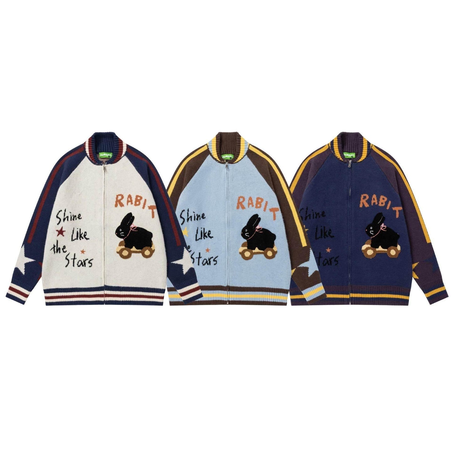 Retro cartoon rabbit letter jacquard knitted loose jacket for men and women | MuddyStock Originals