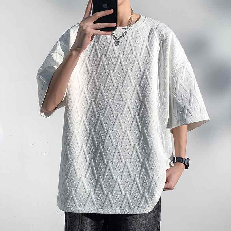 Mid-sleeve Bottoming Shirt Men's Round Neck Jacquard Solid Color Plus Size T-shirt White MuddyStock