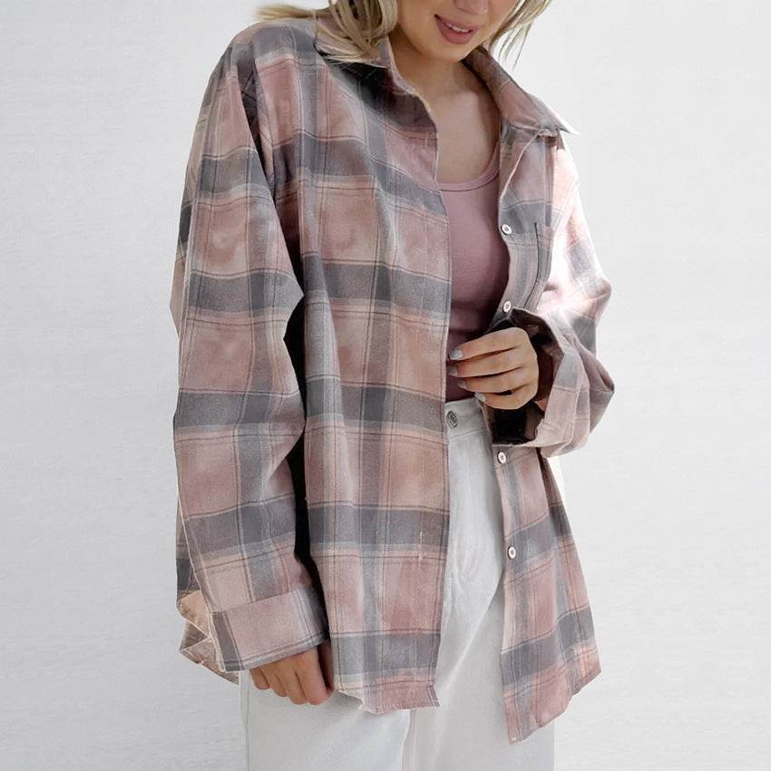 Retro loose long sleeved checkered shirt for women MuddyStock
