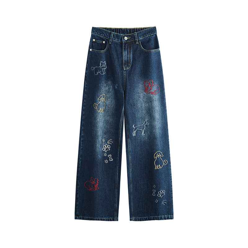 Dog Embroidered Wide Leg Jeans For Men And Women Navy Blue MuddyStock