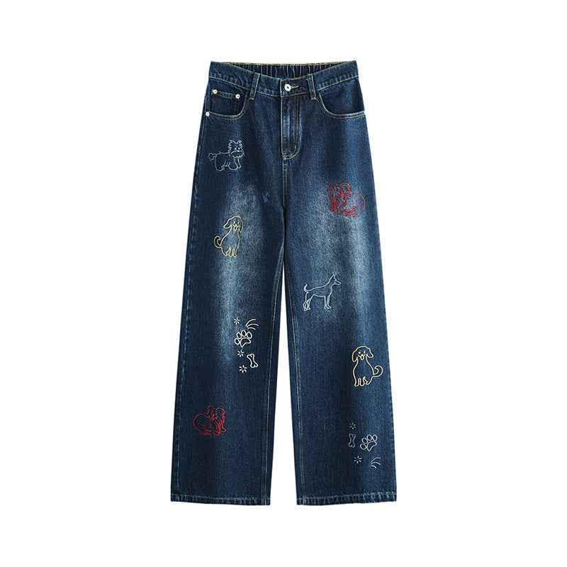 Dog Embroidered Wide Leg Jeans For Men And Women Navy Blue