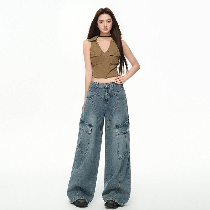 Women's Multi-Pocket Workwear Denim Pants Loose Wide-Leg Pants Vintage Blue # Extended Length eprolo