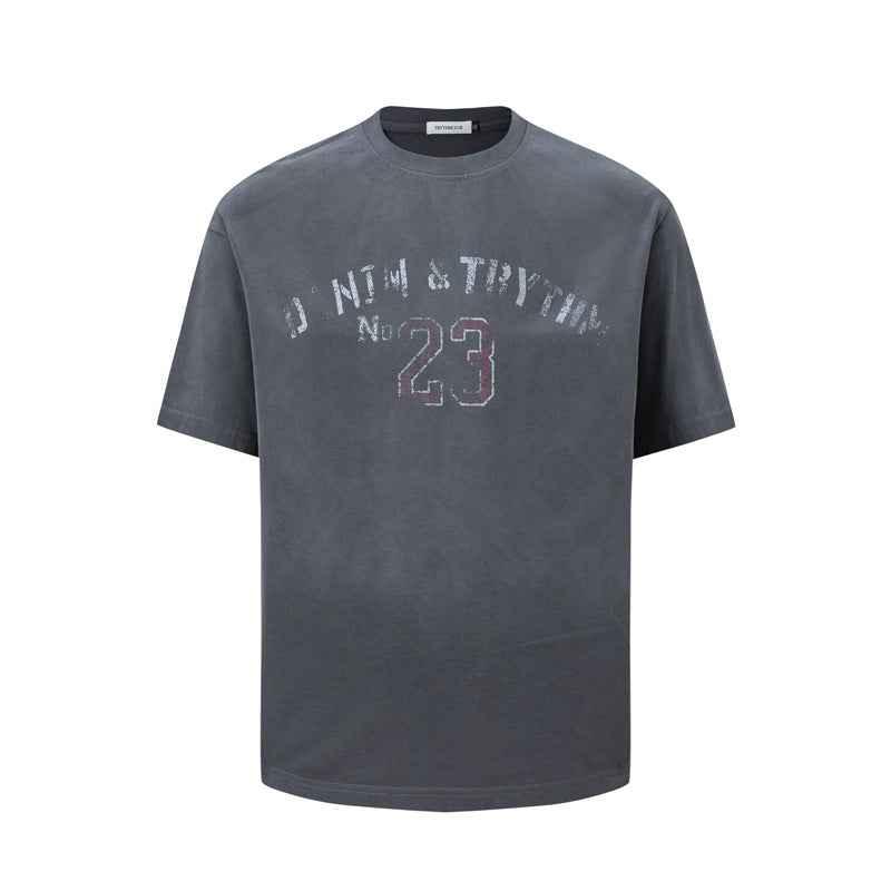 Washed vintage letter printed short sleeved T-shirt for men | MuddyStock Originals Gray
