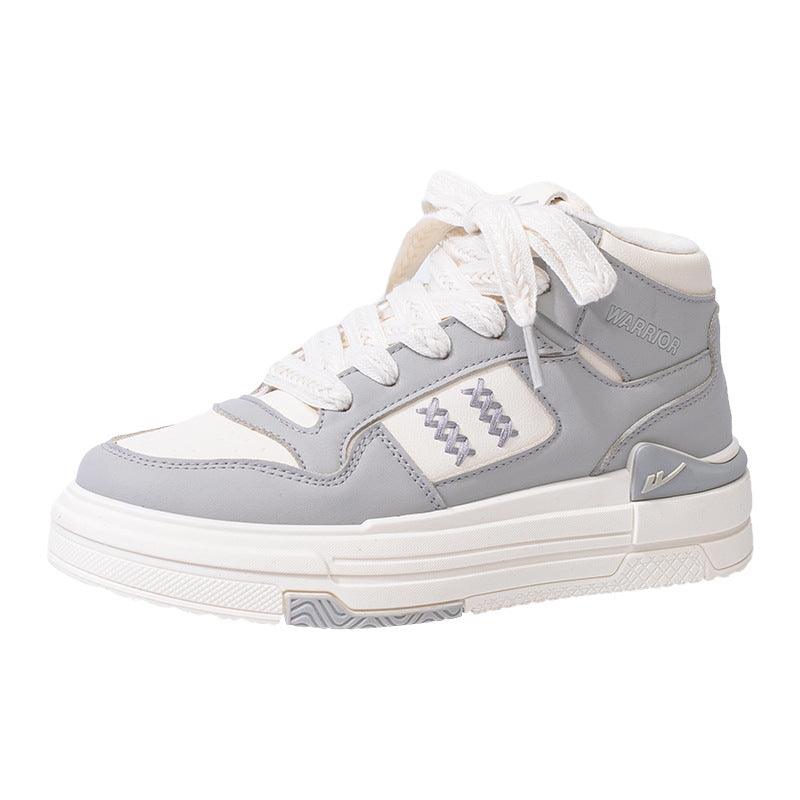Color blocked high cut thick soled shoes for women Gray Beige (Fleece-lined)