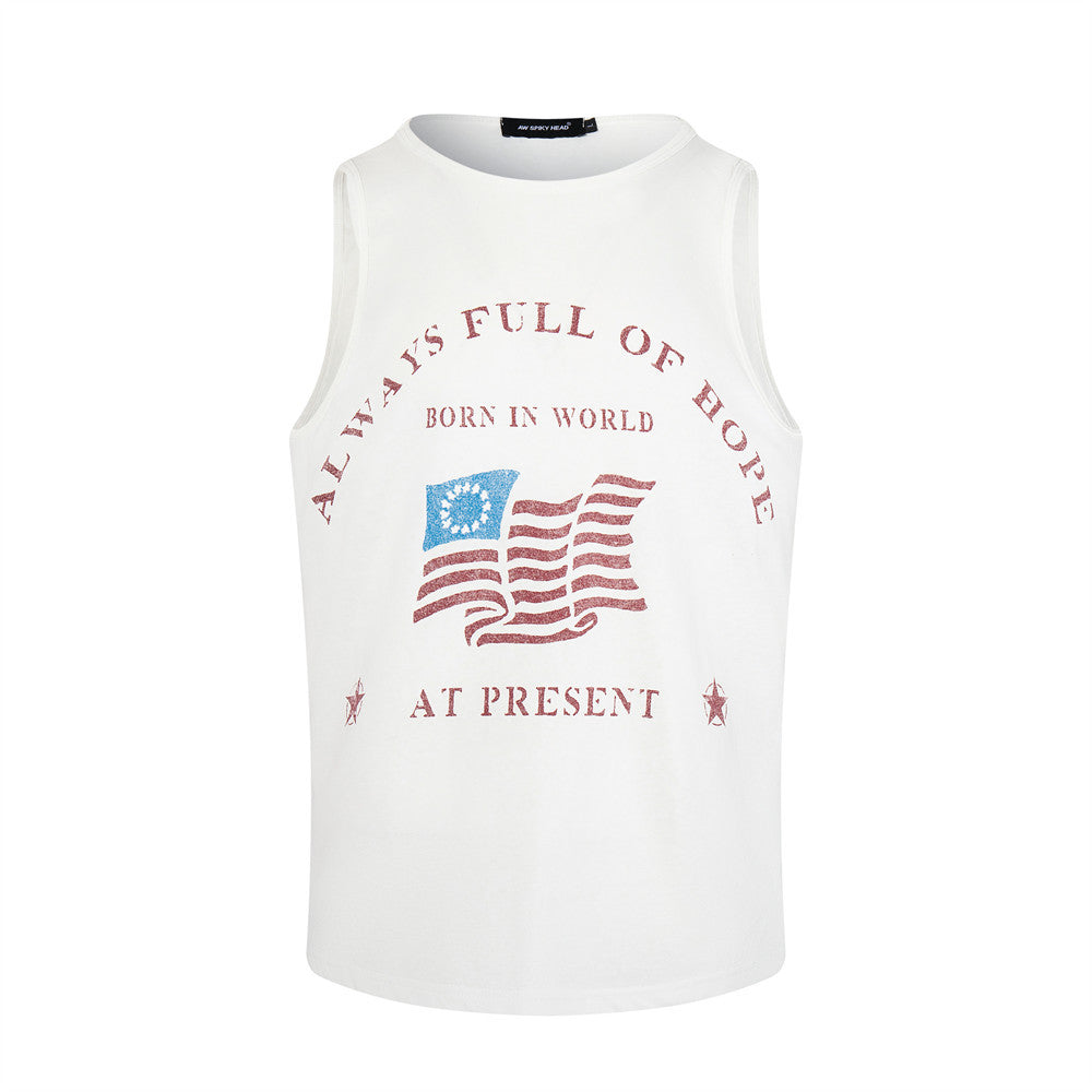 Letter printed shoulder round neck men's vest White