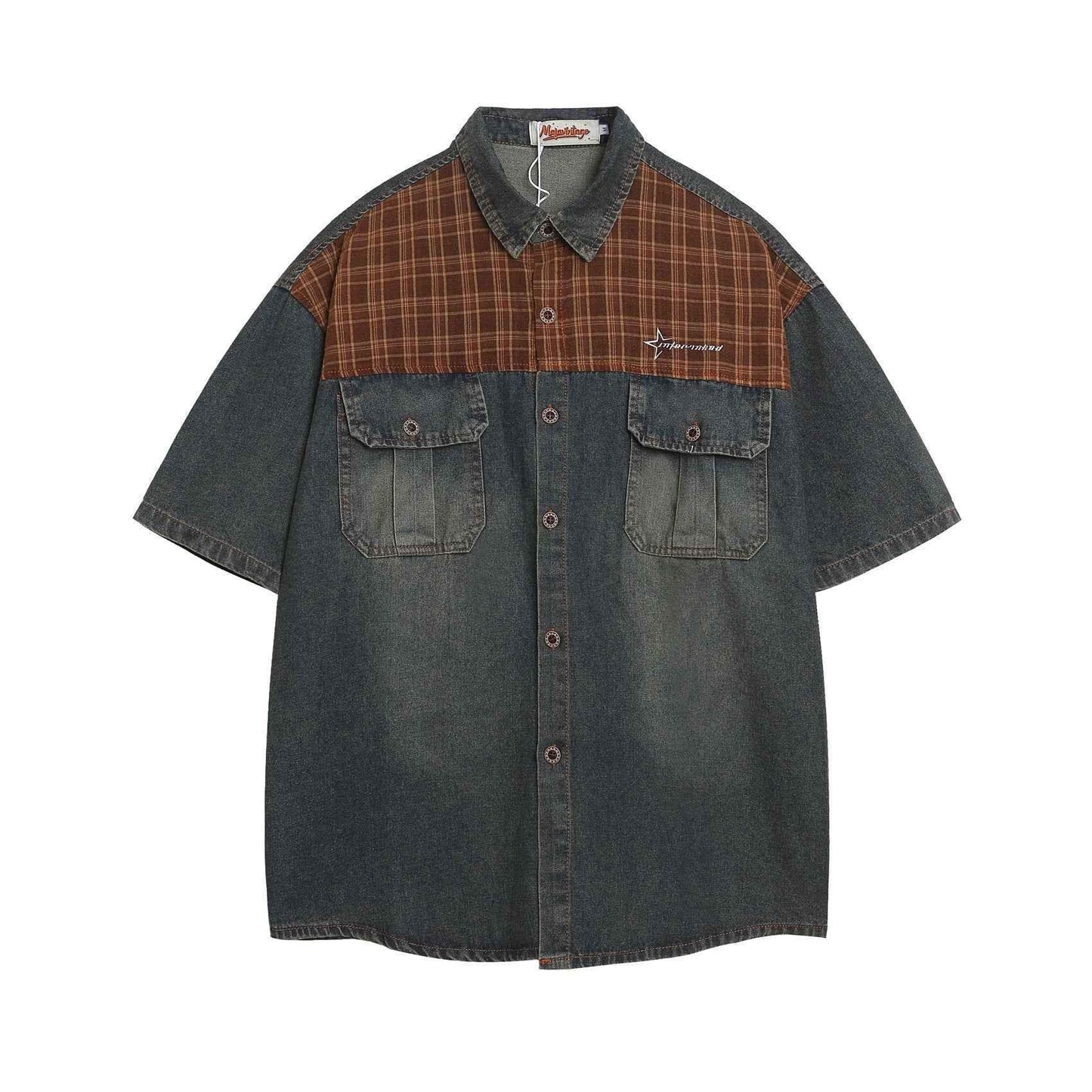 Unique Design Washed Spliced Short Sleeve Denim Shirt For Men And Women | MuddyStock Originals Blue