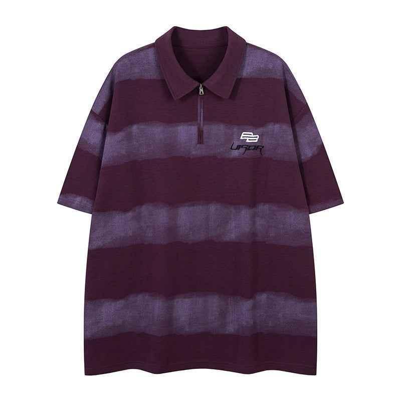 Letter Embroidery Stripe Half-Zip Flip Collar Short Sleeve T-Shirt For Men | MuddyStock Originals Purple