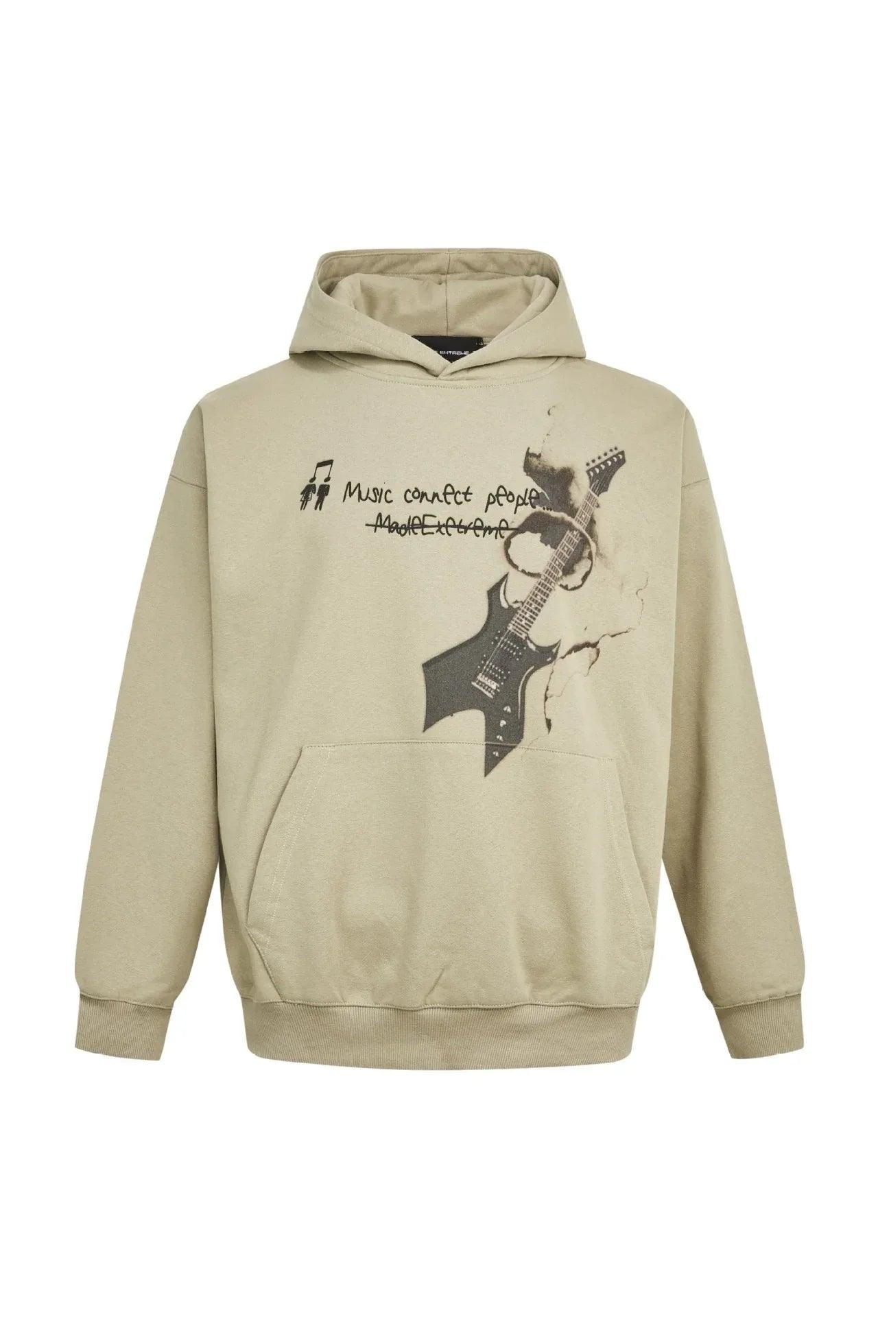 Rock Guitar Print Faded Hoodie For Men And Women | MuddyStock Originals Gray-green