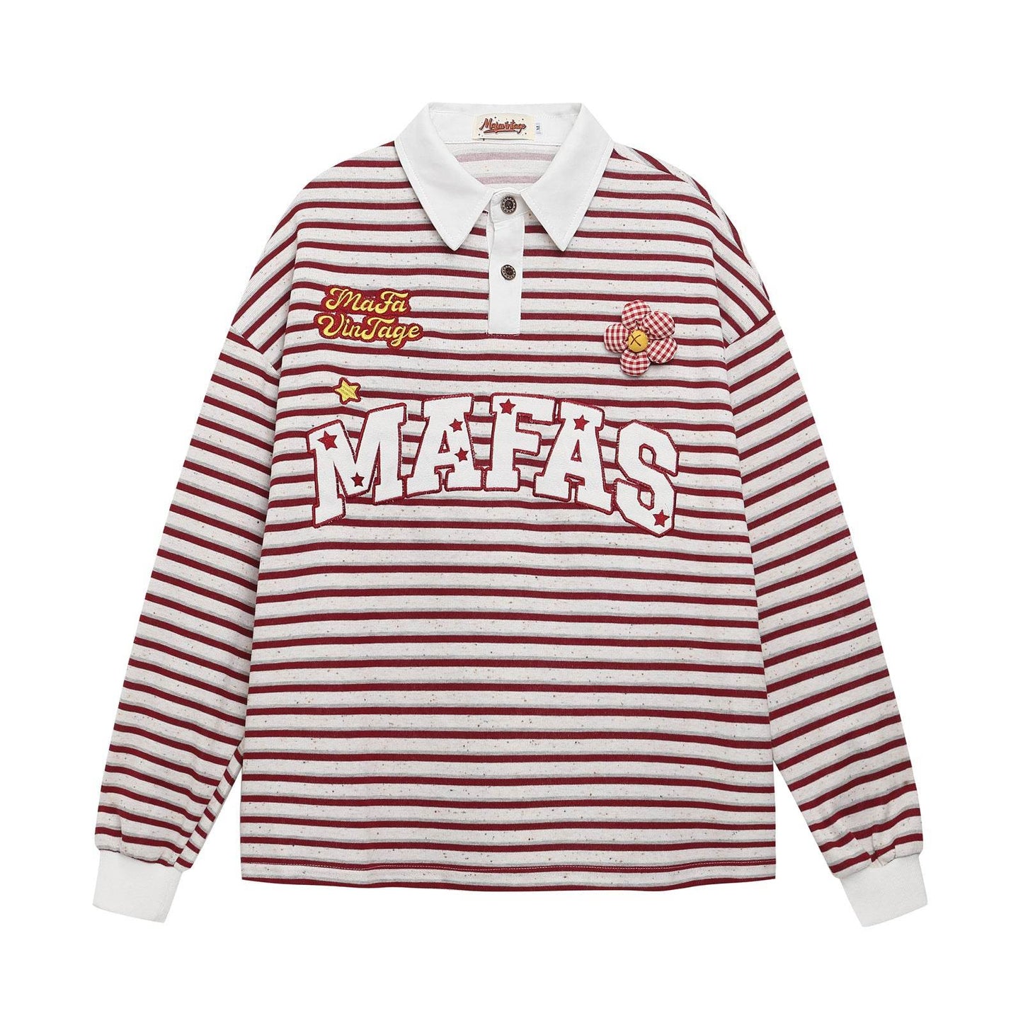 Letter Embroidered Loose Polo Collar Long Sleeve T-Shirt For Women | MuddyStock Originals White MuddyStock