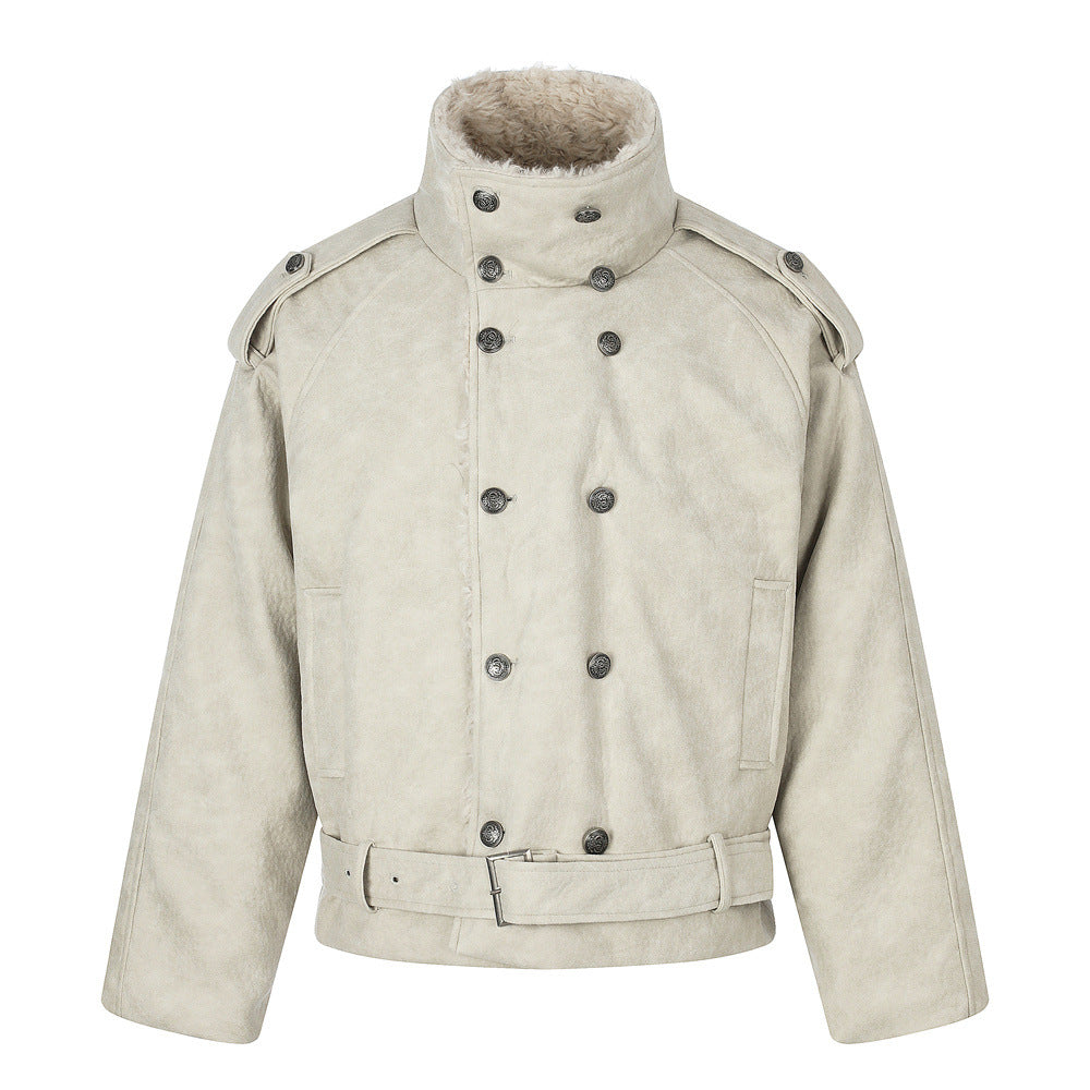 Double-Breasted Stand Collar Belted Relaxed Fit Men's Cotton Jacket Apricot