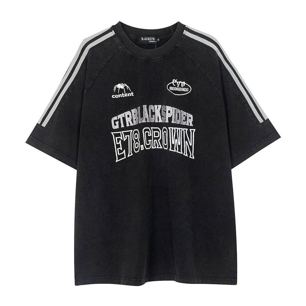 Men's Letter Embroidered Short-sleeved T-shirt Retro Black MuddyStock