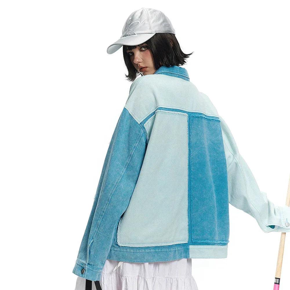 Irregular Color Contrast Patchwork Denim Jacket For Women