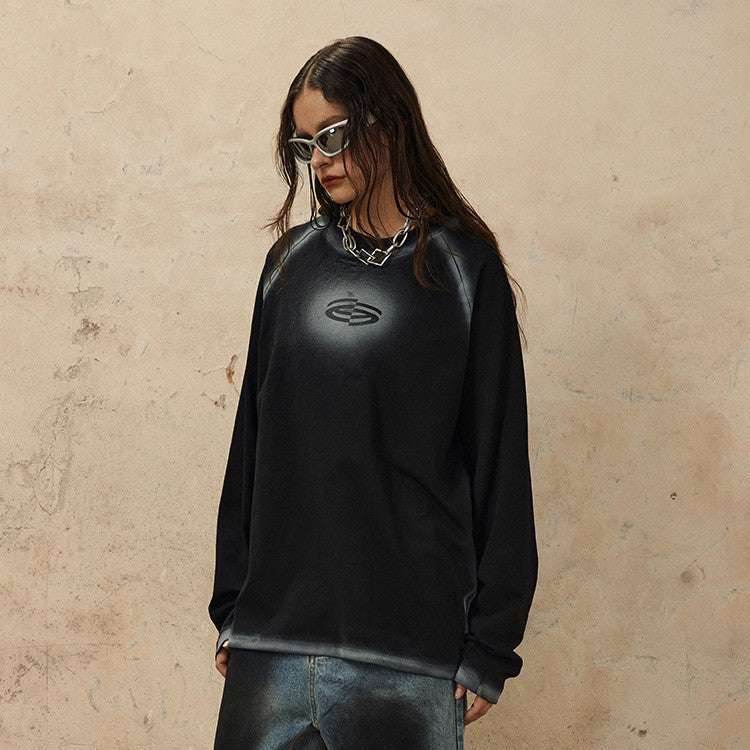 Retro Goth Spray Painting Loose Round Neck Pure Cotton Tops For Women MuddyStock