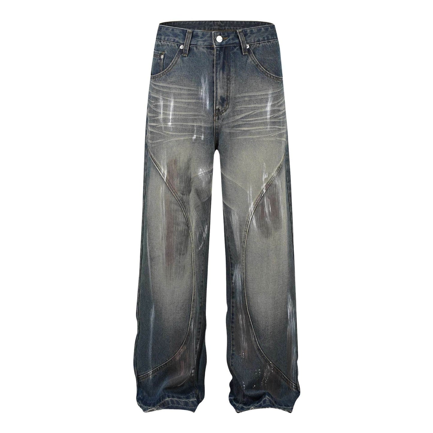 Retro Washed Distressed Graffiti Stitching Jeans Wide-leg Straight Trousers Blue MuddyStock