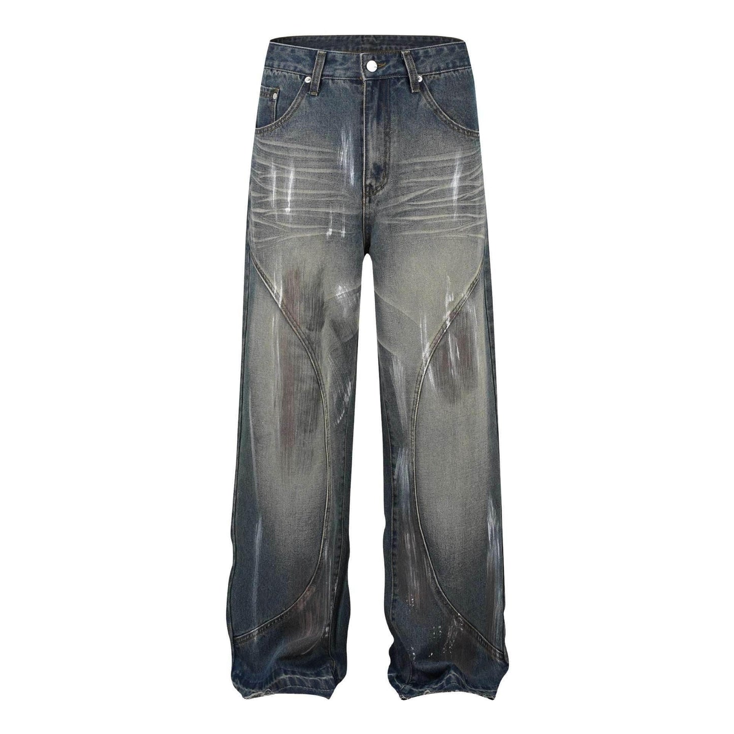Retro Washed Distressed Graffiti Stitching Jeans Wide-leg Straight Trousers Blue