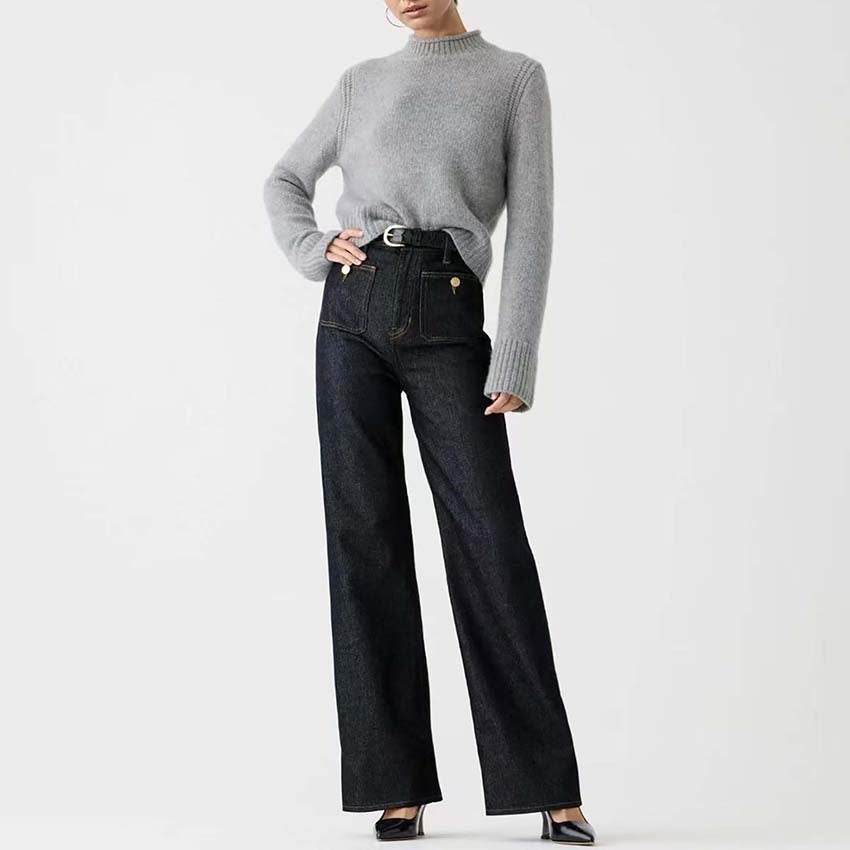 Women's Loose Leisure Washed-out Button Wide-leg Skinny Jeans Black Regular MuddyStock