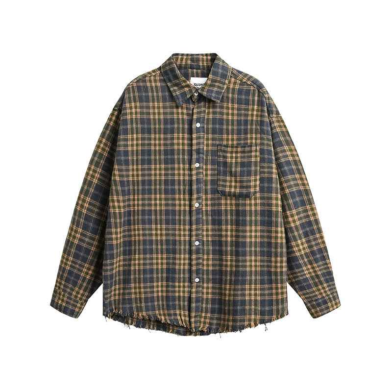 Vintage Brushed Plaid Long Sleeve Shirt For Men Yellow Gray Plaid null