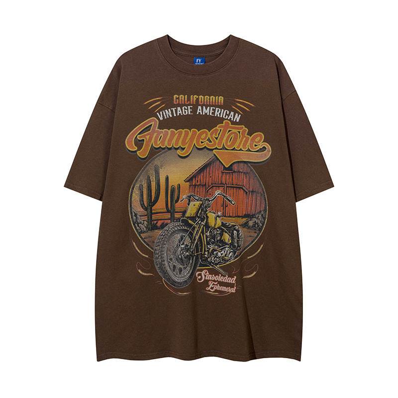 Hand-painted Motorbike Printed Short Sleeve For Men Dark Brown