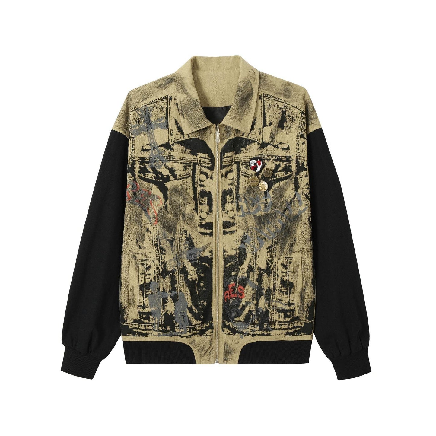 American Retro Graffiti And Badge Decoration Stitching Jacket For Men Desert Color MuddyStock