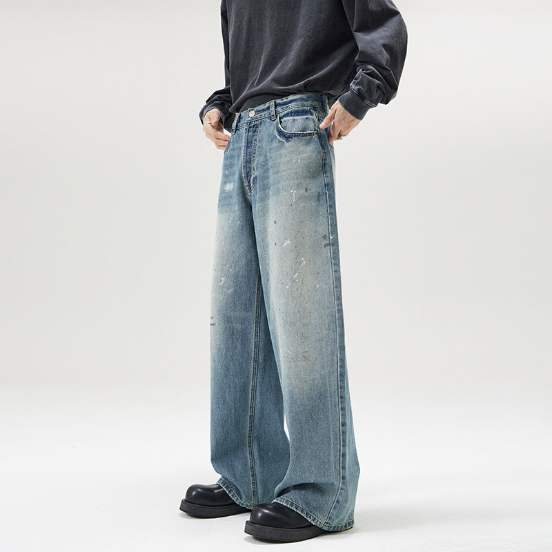 American-style Splash-ink Washed Loose Jeans For Men MuddyStock