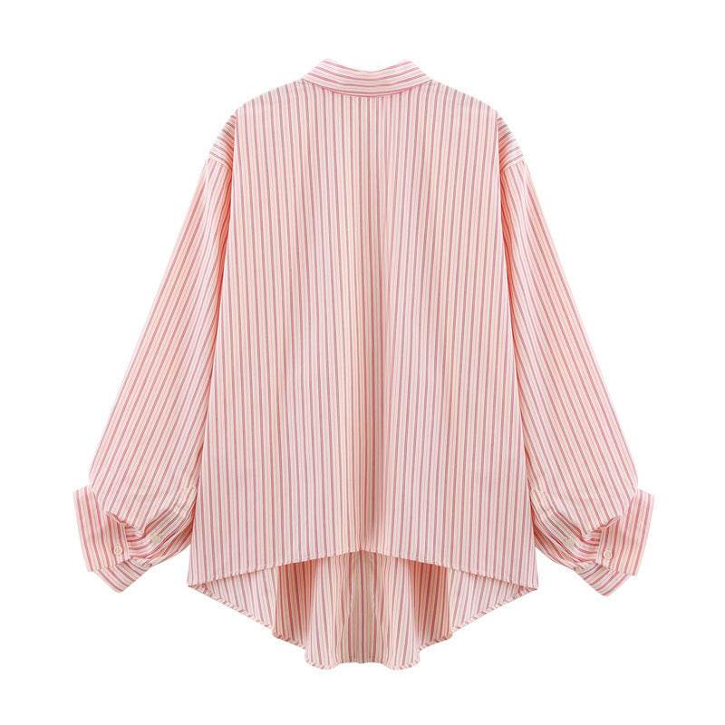 Oumeitong Diligent Style Loose All-matching Striped Lapel Long Sleeve Shirt MuddyStock