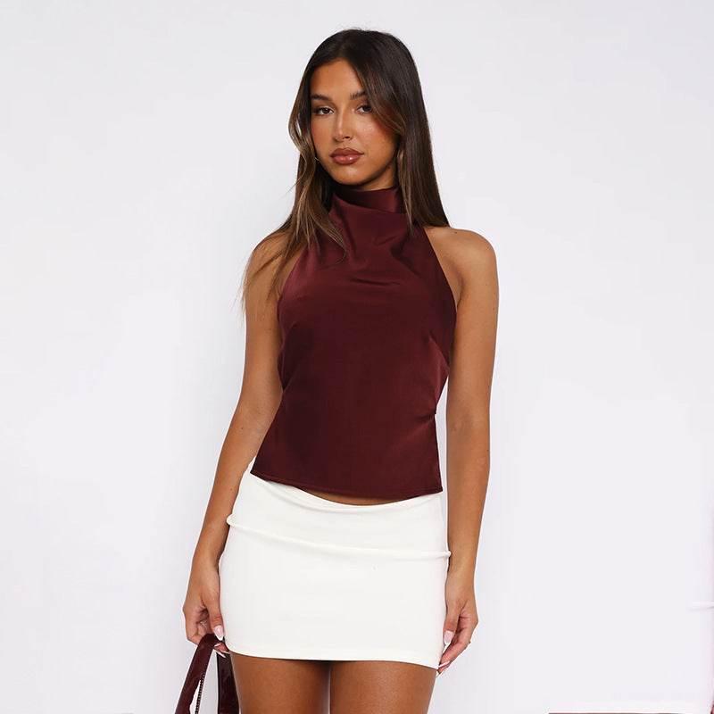 Street Style All-match Satin Backless Top For Women Wine Red