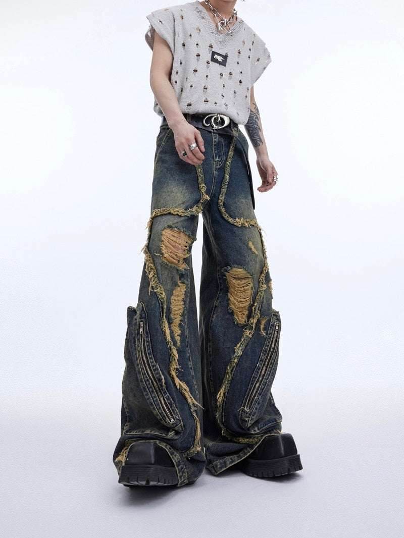 Retro Distressed Heavy Niche Deconstruction Tasseled Jeans MuddyStock