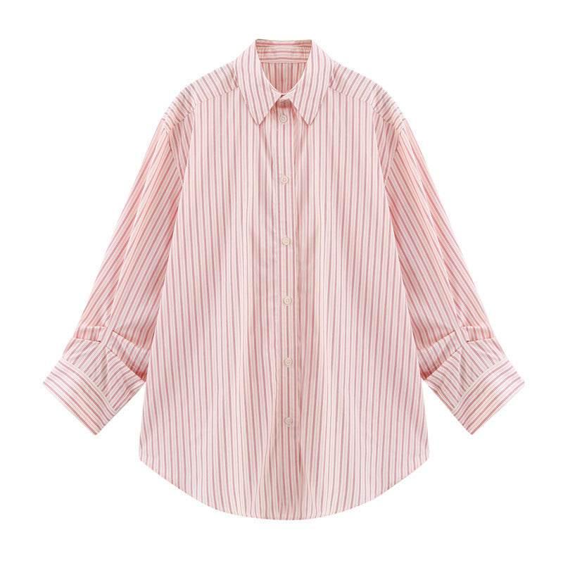 Oumeitong Diligent Style Loose All-matching Striped Lapel Long Sleeve Shirt MuddyStock