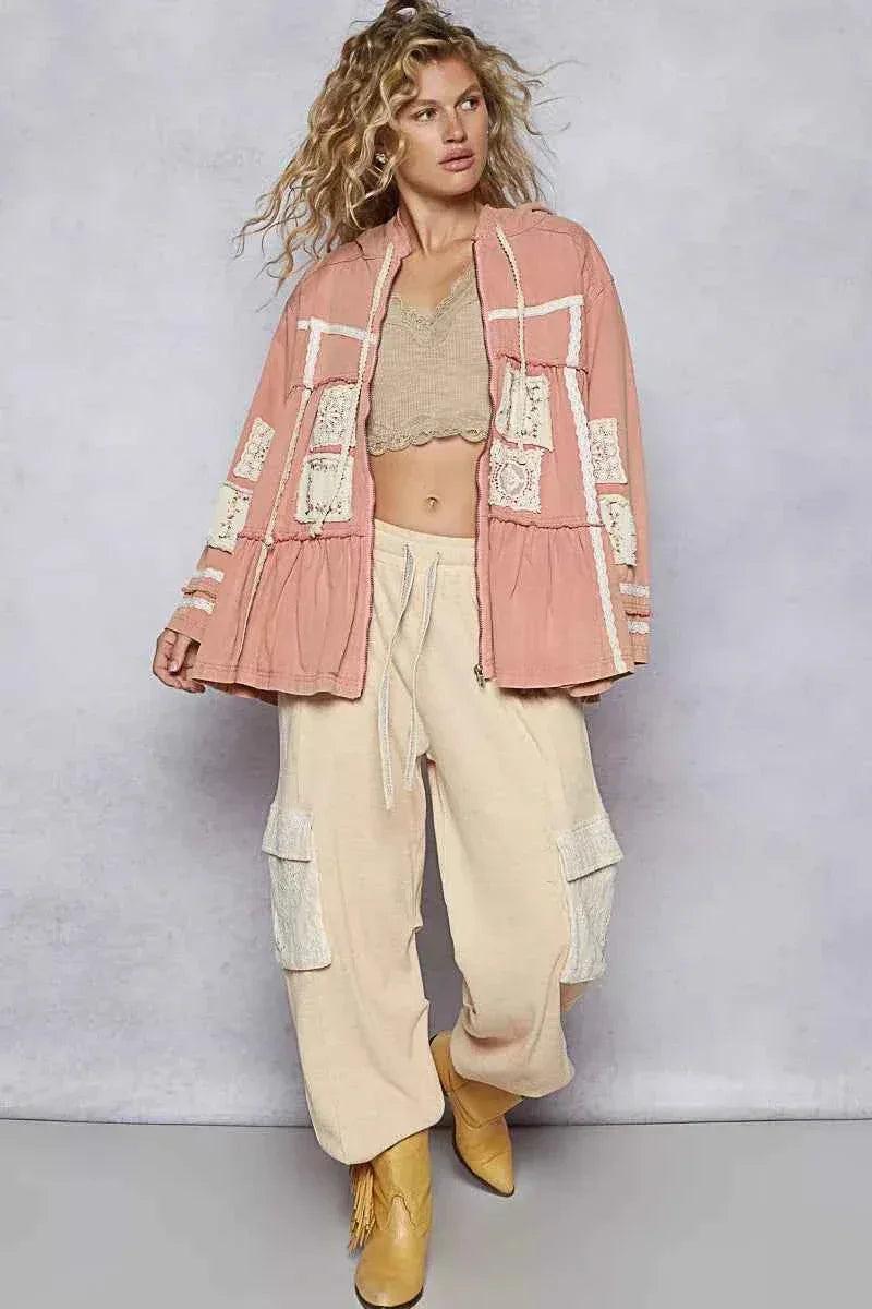 Embroidered Patch Hooded Jacket with Lace Detail For Women