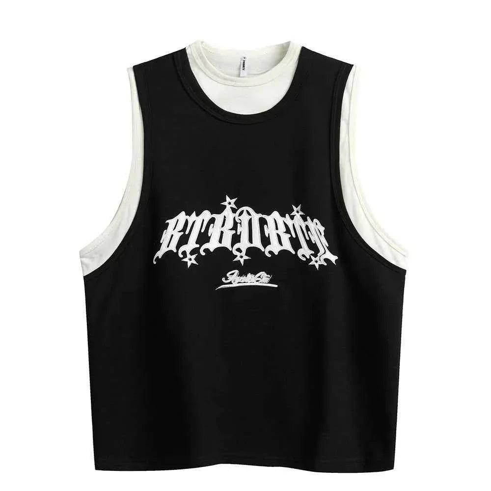 Sports Vest Casual Letter Embroidered Loose Top For Women Black