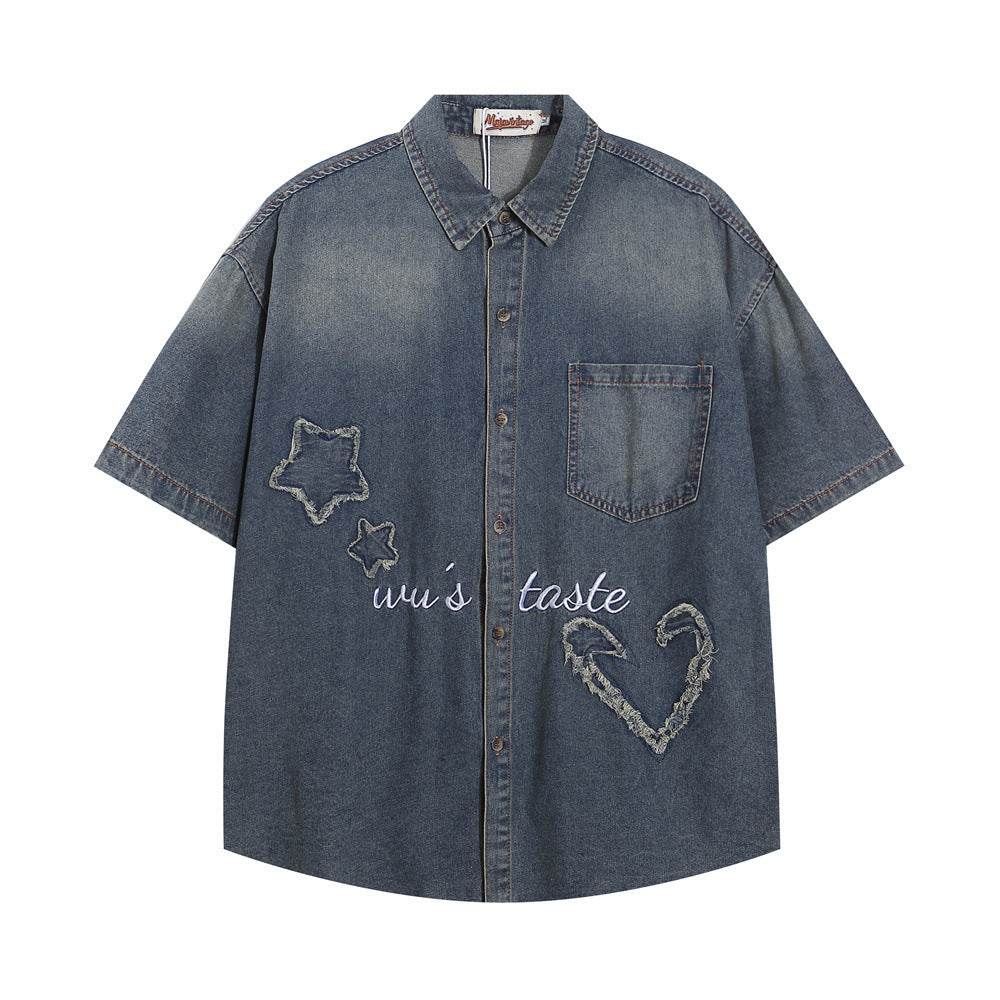 Fashion Punk Denim Short Sleeve Shirt Women Blue MuddyStock
