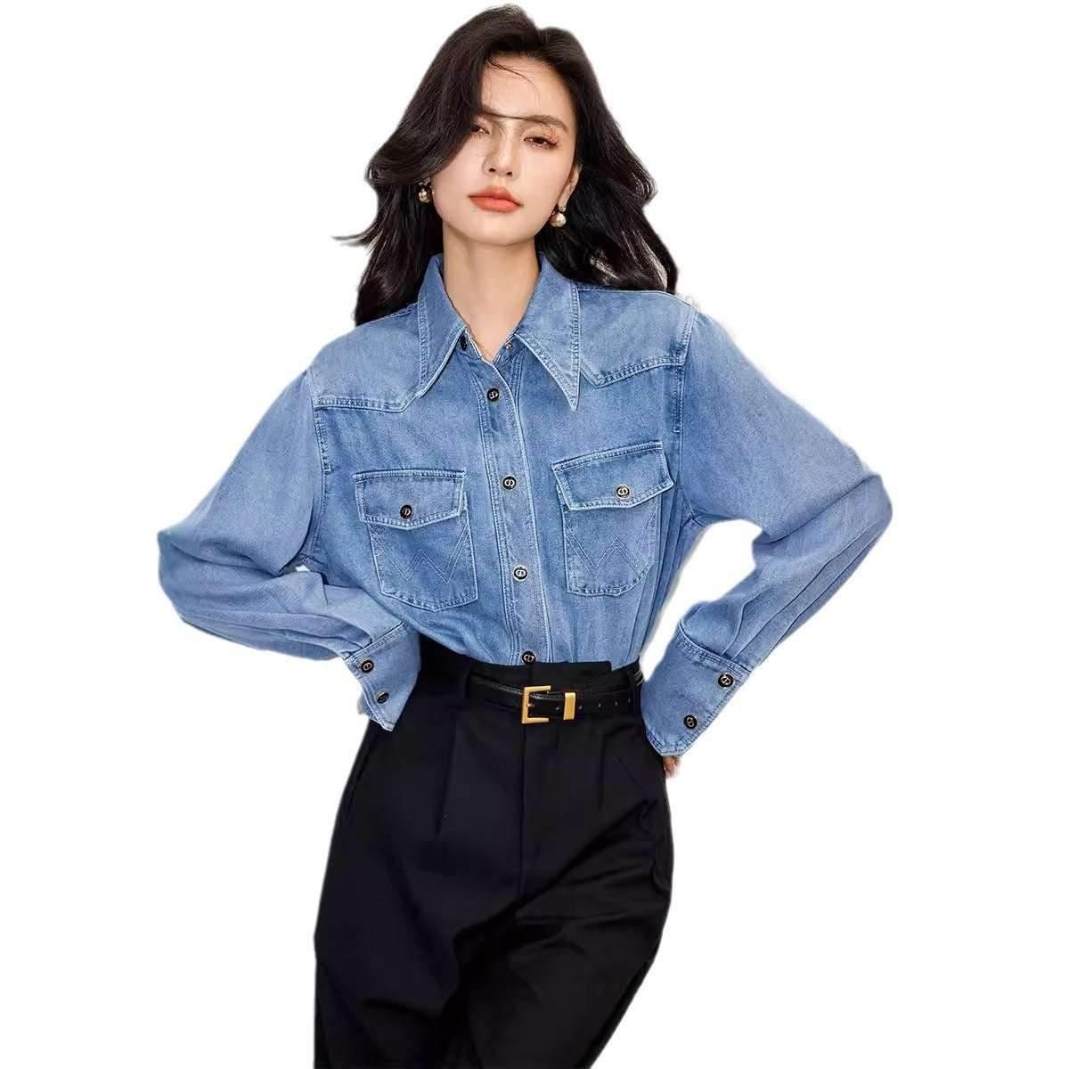 Premium blue shirt washed denim casual loose patchwork | MuddyStock Originals