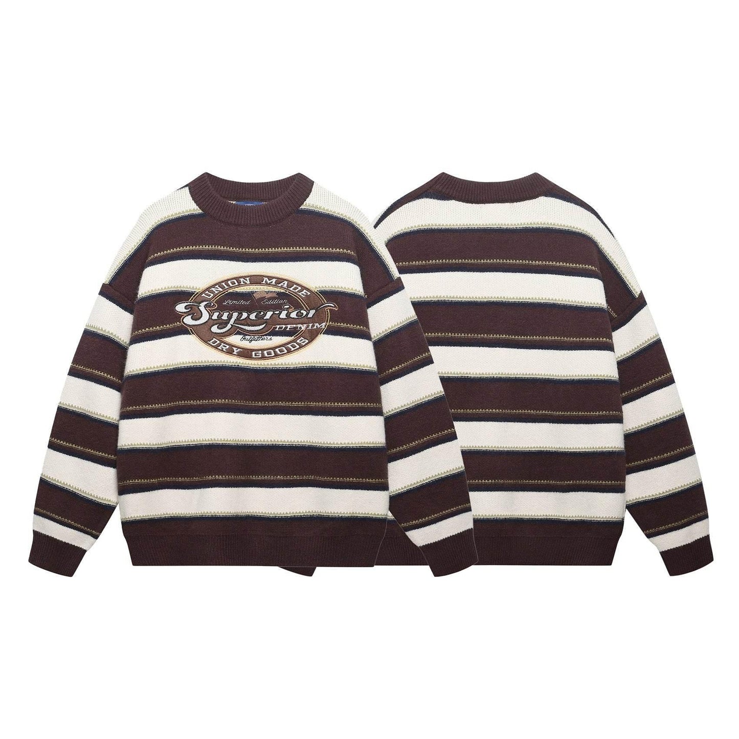 Letter Embroidery Striped Round Neck Sweater For Men | MuddyStock Originals