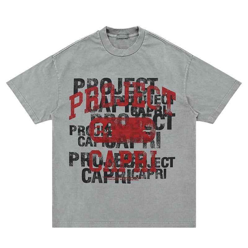 Heavy American Vintage Letter Print Short-sleeve For Men Light Gray