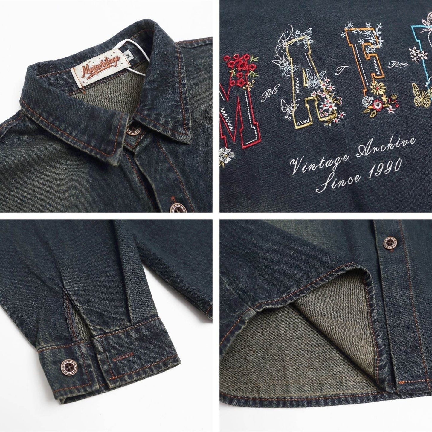 Floral Letter Embroidered Long Sleeve Denim Shirt For Men And Women | MuddyStock Originals MuddyStock