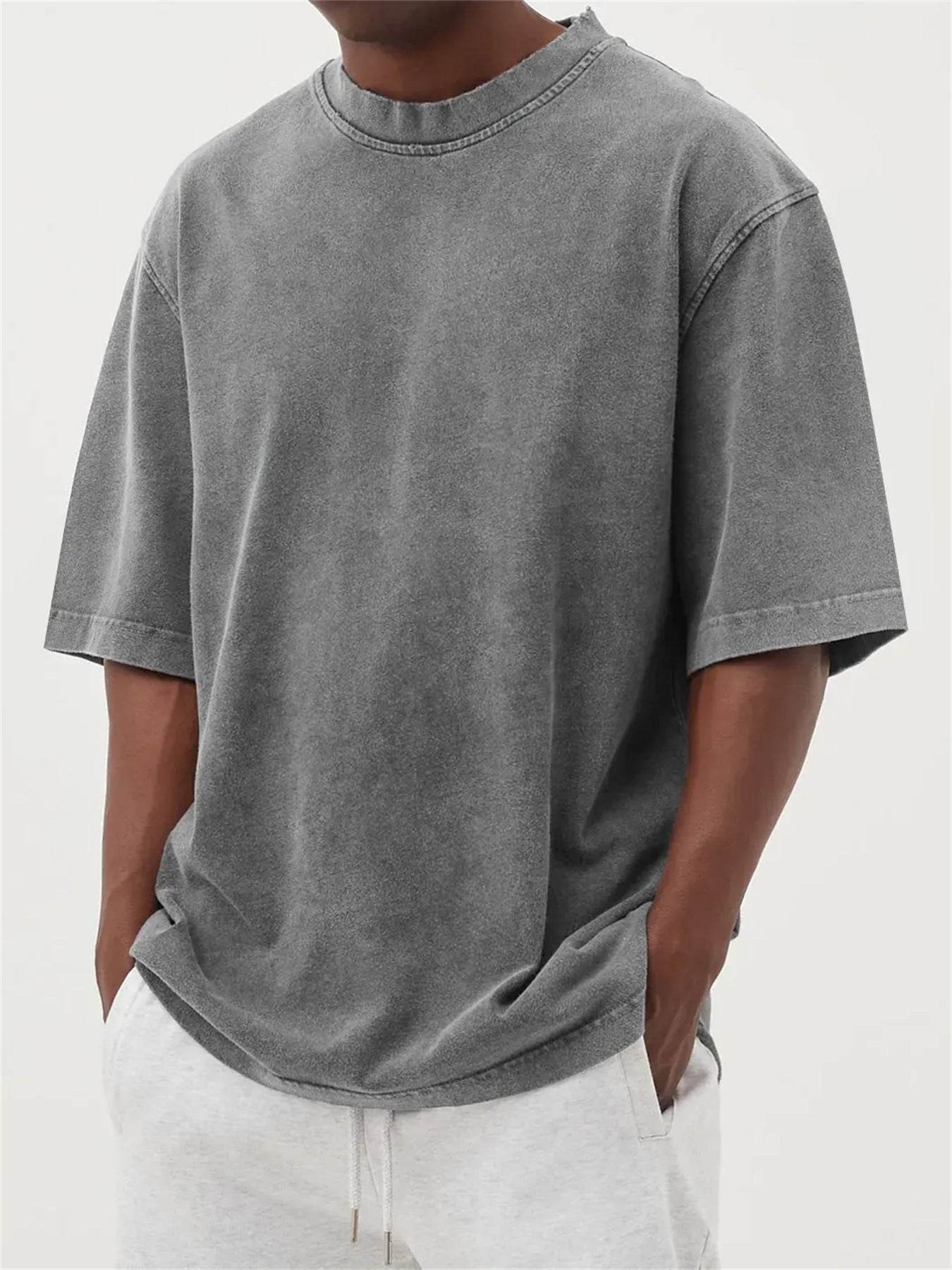 Men's Washed Fried Color Distressed Solid Color Pullover Short T-shirt Gray MuddyStock
