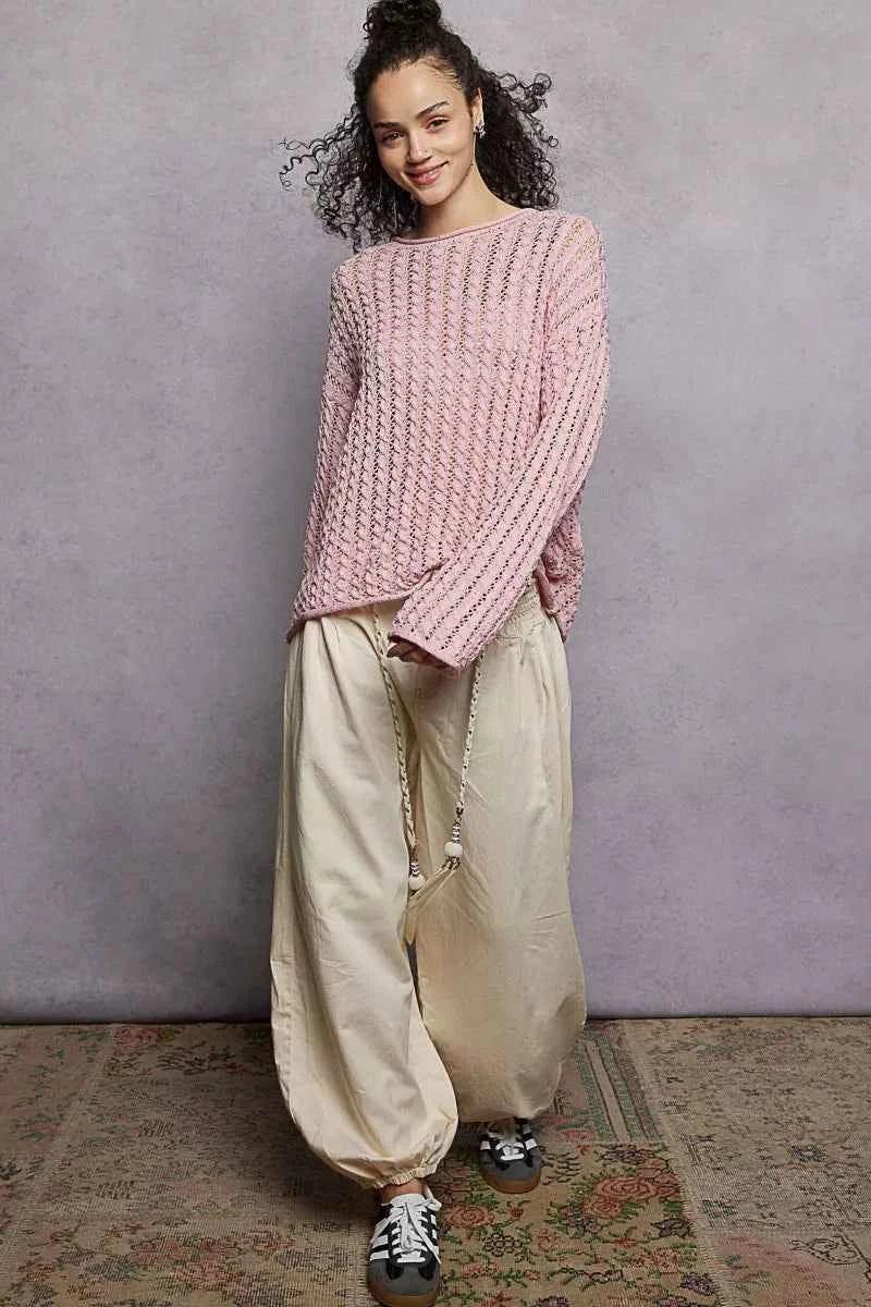 Openwork Round Neck Knit Top For Women