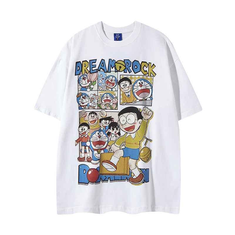 Retro Fun Doraemon Print Short Sleeve T-Shirt For Men And Women White