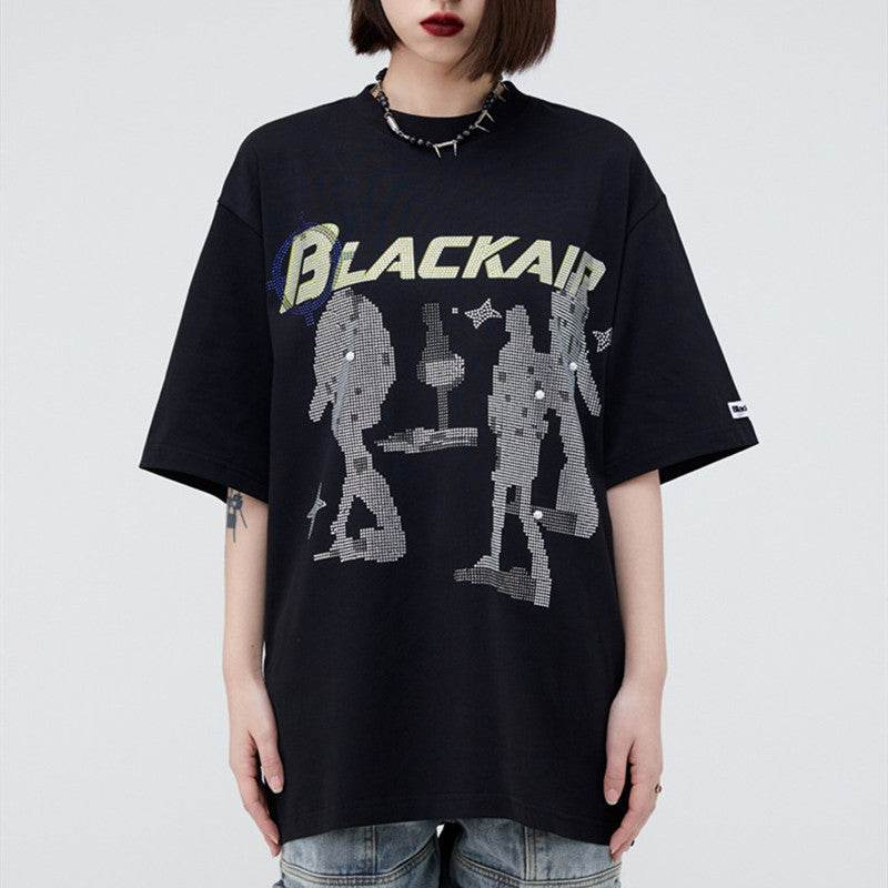 Women's Vintage Printed Rhinestone Double Yarn Short Sleeve MuddyStock