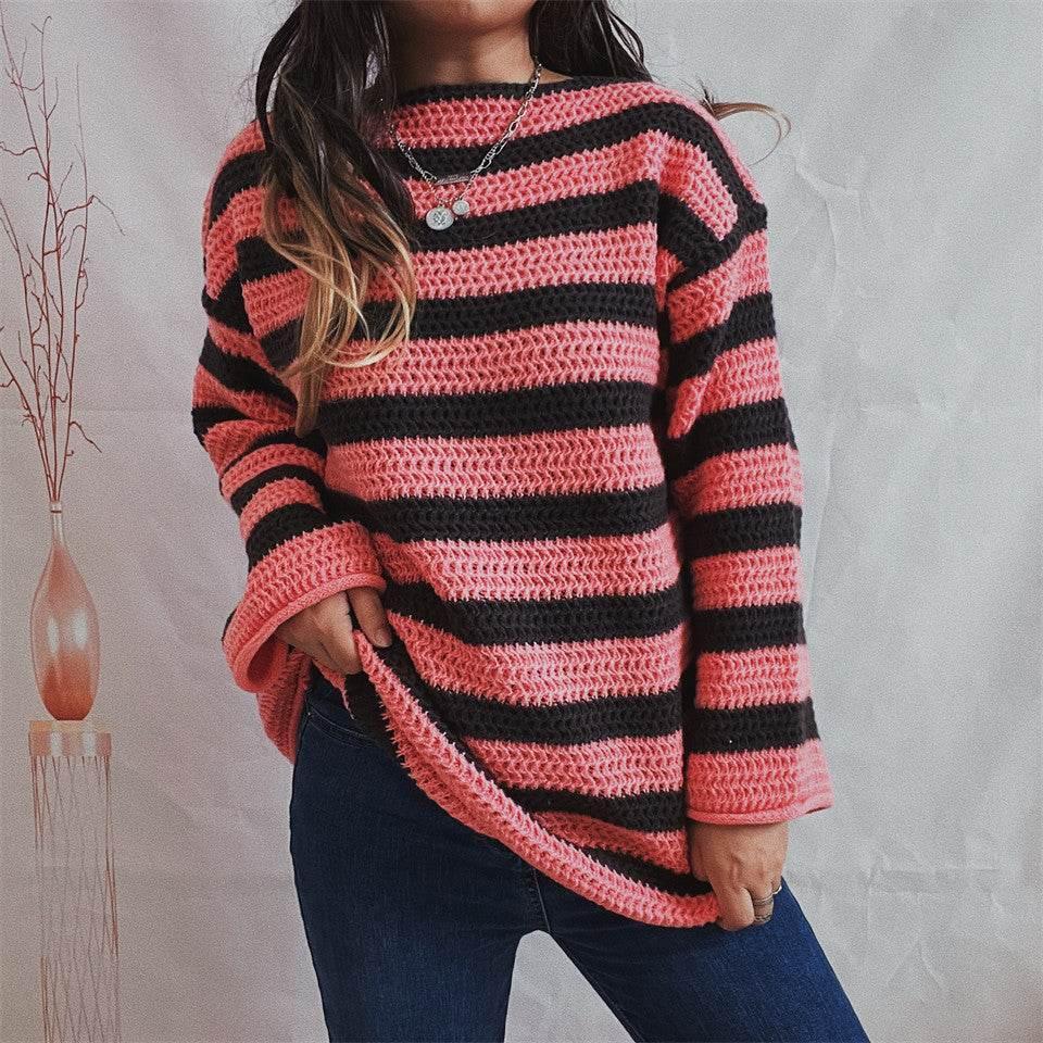 Women's Loose Off Shoulder Striped Long-sleeved Sweater Pink