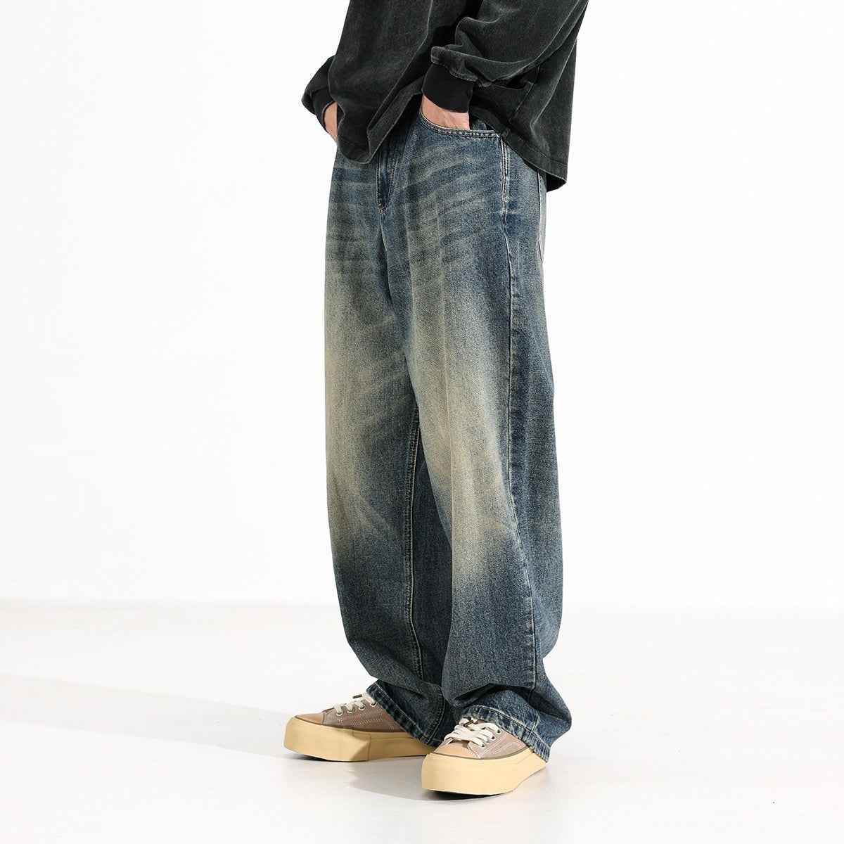 American Retro Hanging Loose Wide Leg Jeans For Men Retro Blue MuddyStock