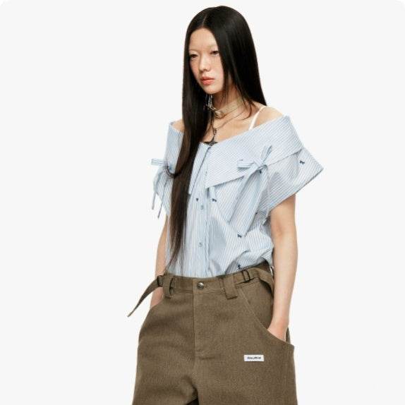 Strap Bow Striped One Shoulder Sleeveless Top For Women Light blue MuddyStock