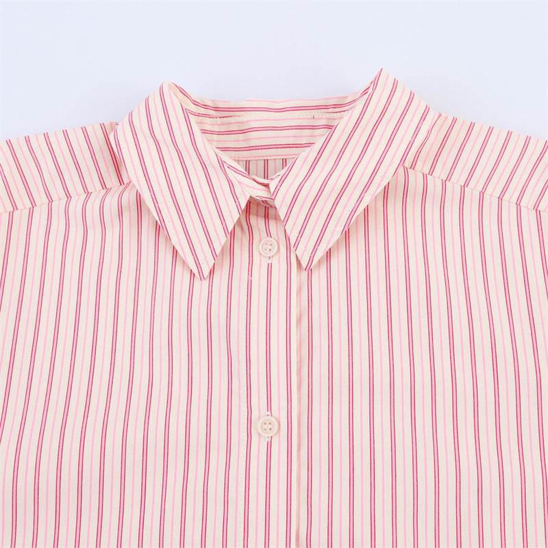 Oumeitong Diligent Style Loose All-matching Striped Lapel Long Sleeve Shirt MuddyStock