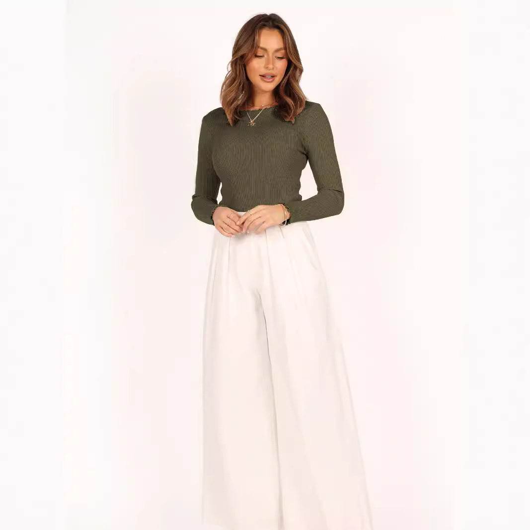Round Neck Long Sleeve Slim Fit Shoulder Rib Women's Top MuddyStock